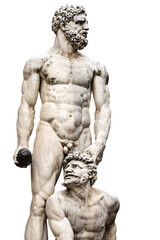 Fototapeta na wymiar Marble statue of Hercules and Cacus isolated on white background, by Baccio Bandinelli (1493-1560), Piazza della Signoria, Florence, Tuscany, Italy, Europe.