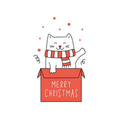 Cute Christmas cat in gift box. Winter Greeting card for Christmas and New Year.