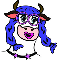 humanized portrait of a cow with glasses and two pigtails, drawn in vector, on a white background isolated