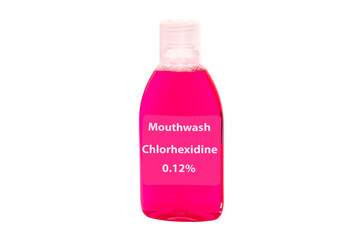 Bottle with a solution of 0.12% chlorhexidine for mouthwash. Broad spectrum antiseptic against the...
