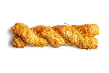 Braided 'Greek snail' bun made from puff pastry stuffed with minced meat