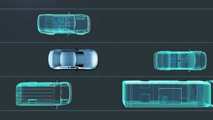 Autonomous driving electric battery car recognize surrounding cars with radar, park assist, Adaptive cruise control, Top view, IoT Future car technology, top view, 4k animation.