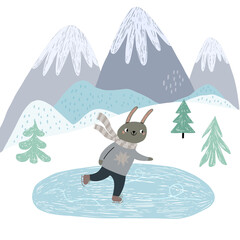 A cute bunny is skating for ice, on a cat. Against the background of the mountains. Winter illustration for children in a Scandinavian style.