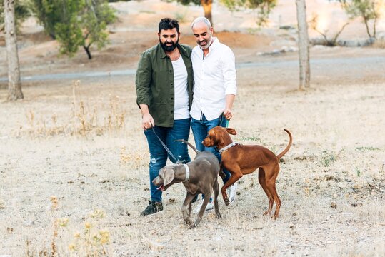 Happy couple of lgtb kids walking in nature's embrace as they walk their dogs.