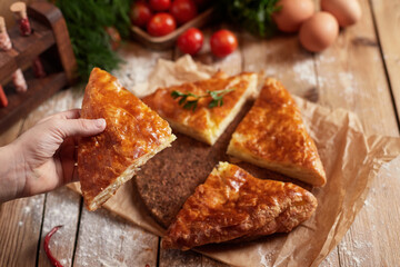 Assorted khachapuri: Adjarian, Megrelian, flaky. Georgian cuisine dish, top view, collage