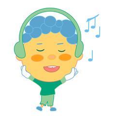 emoticon with smiling man listening to the music while wearing headphones which is indicated by music notes flying around, vector emoji in color on white isolated background