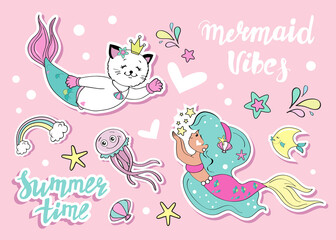 Cartoon collection with mermaid, cat mermaid and sea inhabitants. Fashion patches