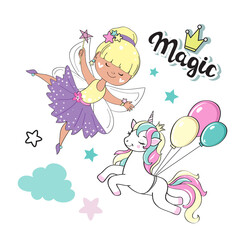 Vector cartoon illustration fairy and unicorn. Birthday card