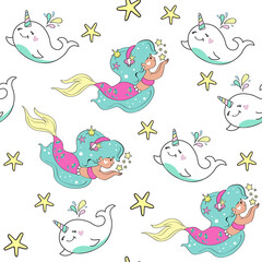 Vector cartoon mermaid and whale seamless pattern
