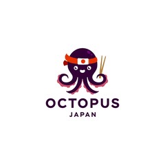 octopus logo. octopus icon with japan flag headband with chopsticks on the tentacle