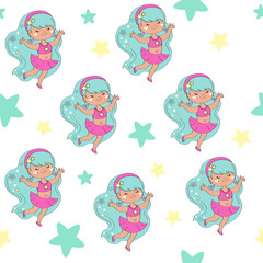 Vector illustration with a beautiful little girl with blue hair and star on a white background seamless pattern