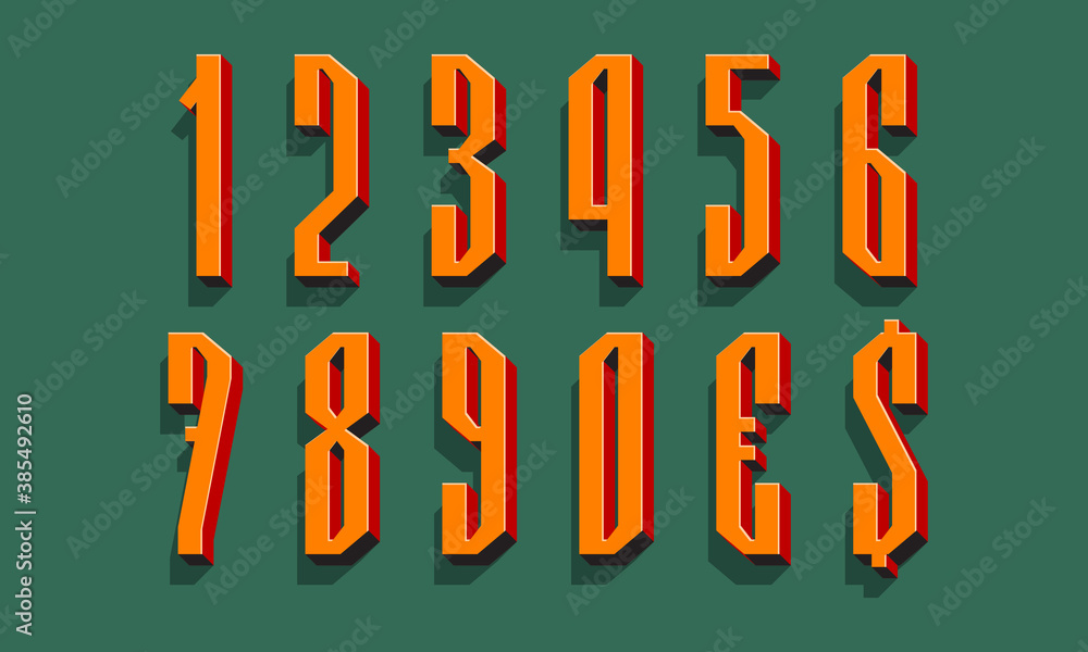 Poster precise orange red black 3d numbers and currency signs with shadow. volumetric display font.