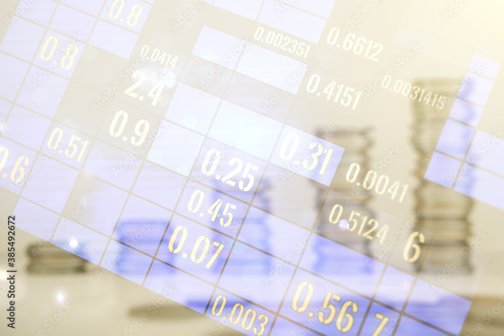 Poster multi exposure of abstract virtual graphic data spreadsheet sketch on coins background, analytics an