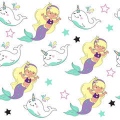 Vector illustration with beautiful mermaid and whale unicorn on a white background for children. Cute animals seamless pattern