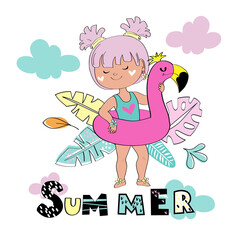 Vector illustration with cute little girl on an inflatable flamingo and tropical leaves on a white background