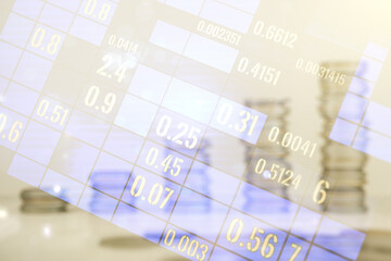 Multi exposure of abstract virtual graphic data spreadsheet sketch on coins background, analytics and analysis concept