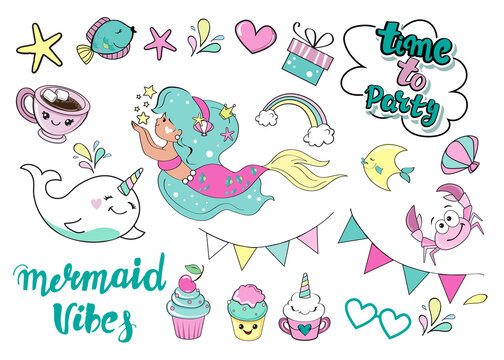 Vector illustration with cute mermaid, whale unicorn, marine inhabitants and other birthday items on a white background. Set of mermaids for the holiday