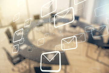 Double exposure of abstract virtual postal envelopes hologram on a modern meeting room background. Electronic mail and spam concept