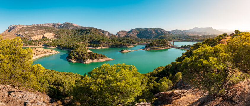 Dam in the mountains. Mirador de tres embalses, M&aacute;laga, Spain.