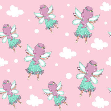 Beautiful little fairy with pink hair and white clouds on a pink background seamless pattern