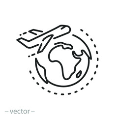 international travel on plane icon, concept fly airplane and world, airline logo, flight around earth globe, thin line symbol on white background - editable stroke vector illustration