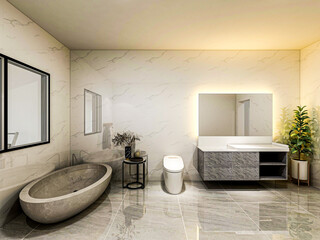 There are sofa, table and other facilities in the bright and clean bathroom