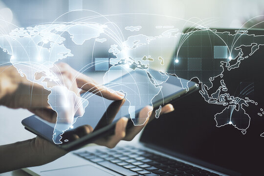 Abstract graphic digital world map with connections and finger presses on a digital tablet on background, globalization concept. Multiexposure