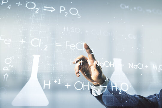 Male hand working with creative chemistry hologram on blurred office background, pharmaceutical research concept. Multiexposure - Powered by Adobe