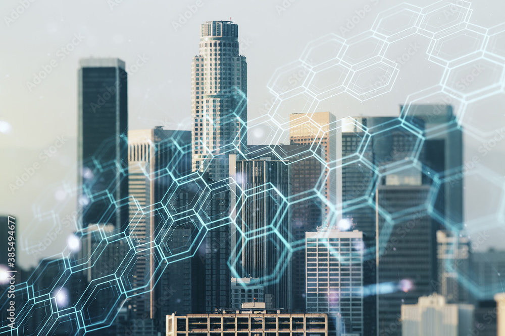 Poster abstract virtual wireless technology hologram with hexagon on los angeles skyline background. big da