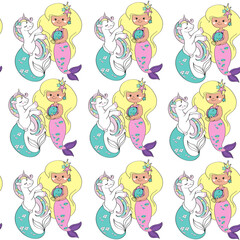 Naklejka premium Vector cartoon illustration with mermaid and unicorn seamless pattern