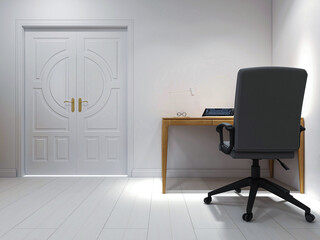 There are desks and computers in the office area