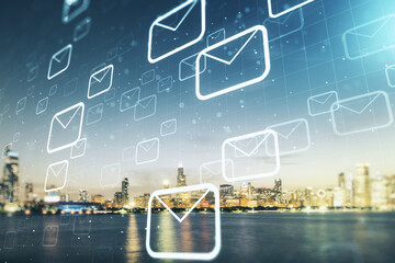 Abstract virtual postal envelopes hologram on Chicago cityscape background, email and notification concept. Multiexposure