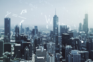 Fototapeta na wymiar Abstract scientific formula hologram on Chicago skyline background. Multiexposure