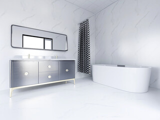 There are sofa, table and other facilities in the bright and clean bathroom