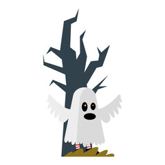 halloween ghost cartoon with bare tree vector design