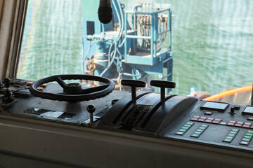Control panel of an old tug boat. Captains bridge