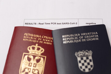 Passports of Serbia and Croatia with the negative SARS-CoV-2 (Covid-19) examination results.