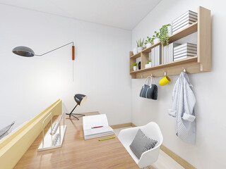 Clean and tidy bedroom inside the cloakroom, there are beds, dressers, etc., next to a desk, you can work and study
