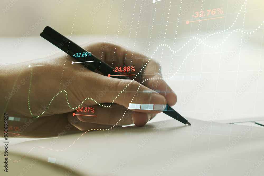 Poster multi exposure of stats data illustration with man hand writing in notebook on background, computing