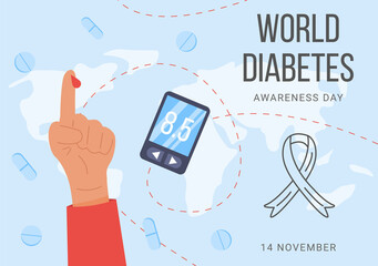 Banner for World diabetes awareness day with world map on background. Arm and finger with blood drop, digital glucometer and ribbon. Poster for diabetes blood sugar level test. Vector illustration.