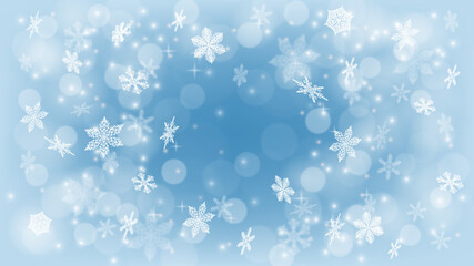 Winter banner design. cold white snowflakes in blue background design. sparkling transparent ice crystal snowflakes.