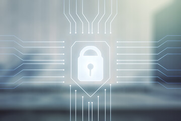 Virtual creative lock illustration with microcircuit on blurry contemporary office building...
