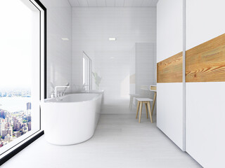 Naklejka na ściany i meble The clean and bright washroom is equipped with washstand, bathroom and other facilities