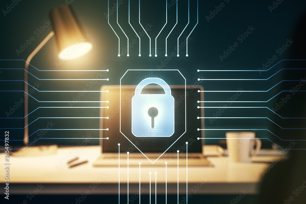 Poster double exposure of creative lock hologram with chip on laptop background. information security conce