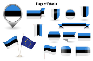 The Flag of Estonia. Big set of icons and symbols. Square and round Estonia flag. Collection of different flags of horizontal and vertical. - obrazy, fototapety, plakaty