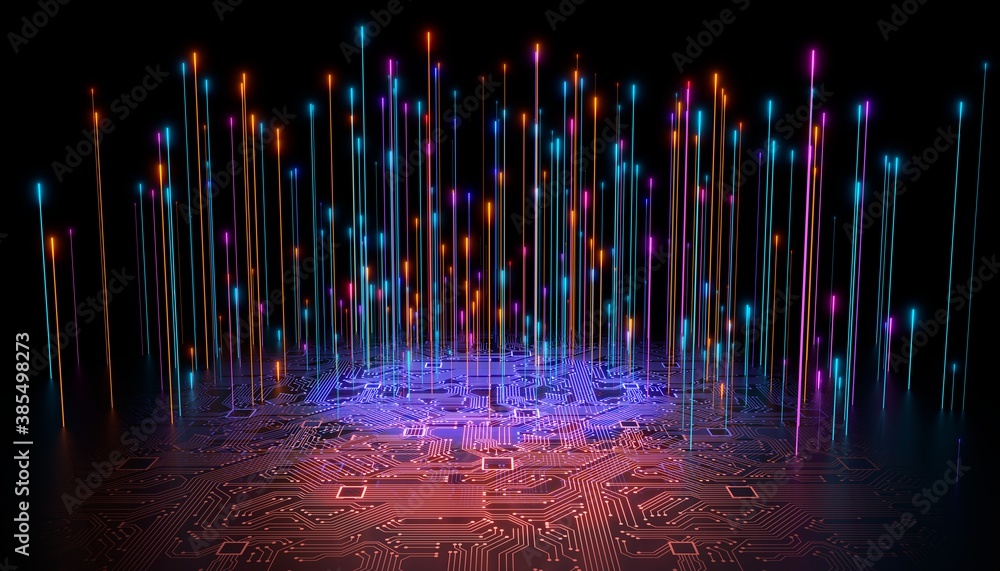 Aufkleber circuit board with fiber optics. big data collecting concept. 3d render / rendering