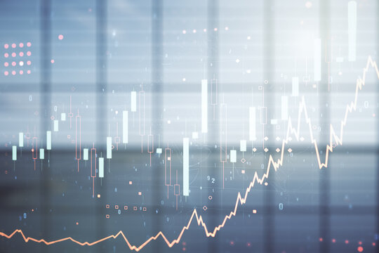 Multi exposure of virtual creative financial chart hologram on empty modern office background, research and analytics concept