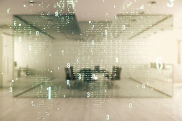 Multi exposure of abstract programming language hologram and world map on a modern furnished office interior background, artificial intelligence and neural networks concept