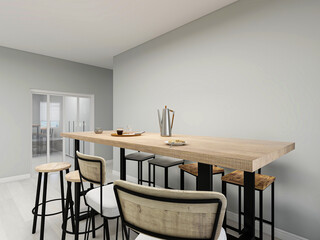 Clean and tidy dining room has wooden table and chair, very neat and clean