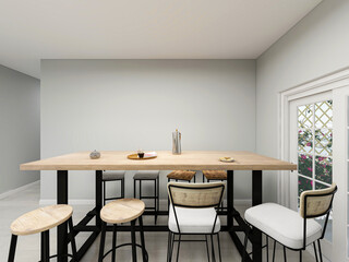 Clean and tidy dining room has wooden table and chair, very neat and clean
